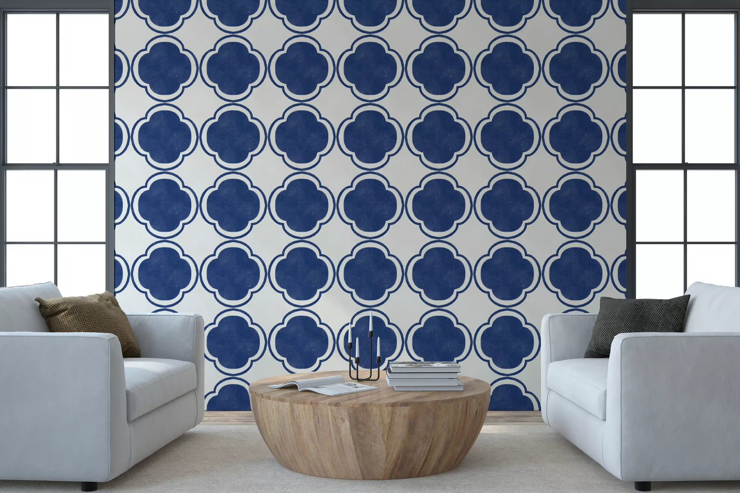 Repeating quatrefoil tile design blue wallpaper with aged surface feel