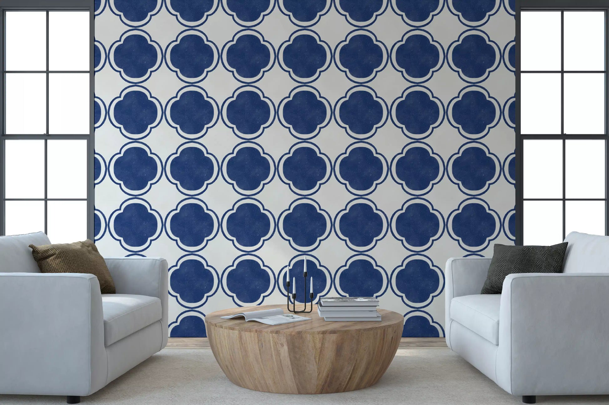 Repeating quatrefoil tile design blue wallpaper with aged surface feel