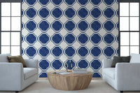 Repeating quatrefoil tile design blue wallpaper with aged surface feel