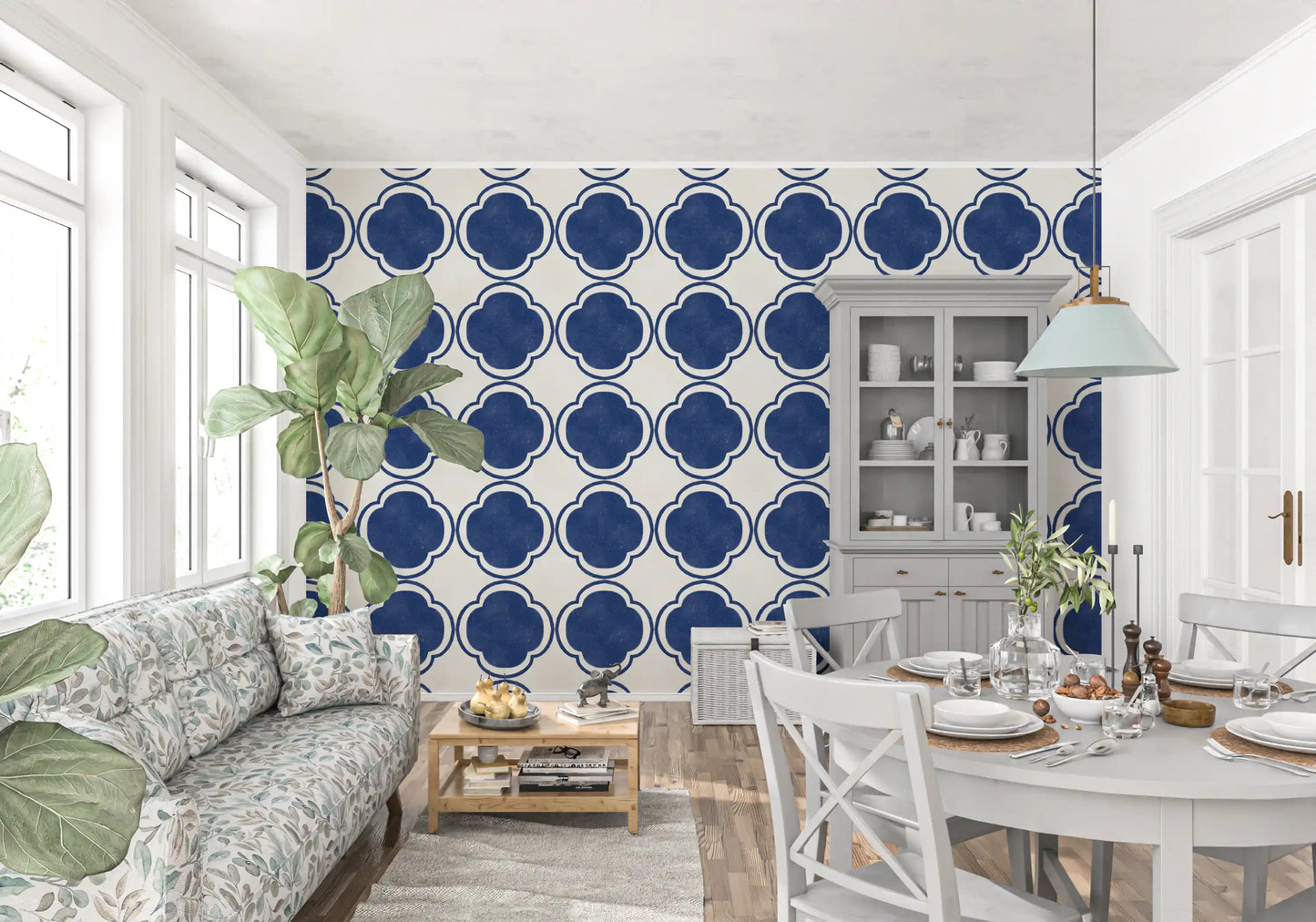 Deep blue quatrefoil wallpaper applied in Dining room.