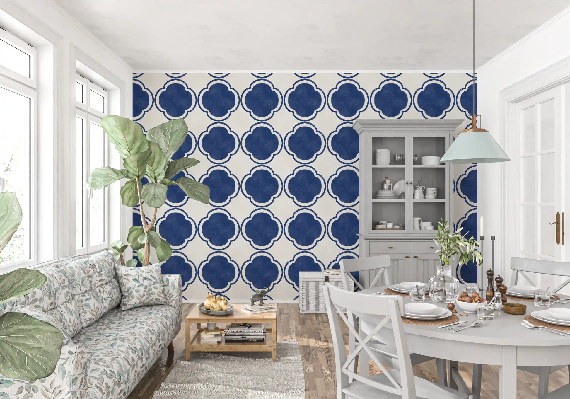 Deep blue quatrefoil wallpaper applied in Dining room.