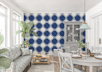 Deep blue quatrefoil wallpaper applied in Dining room.