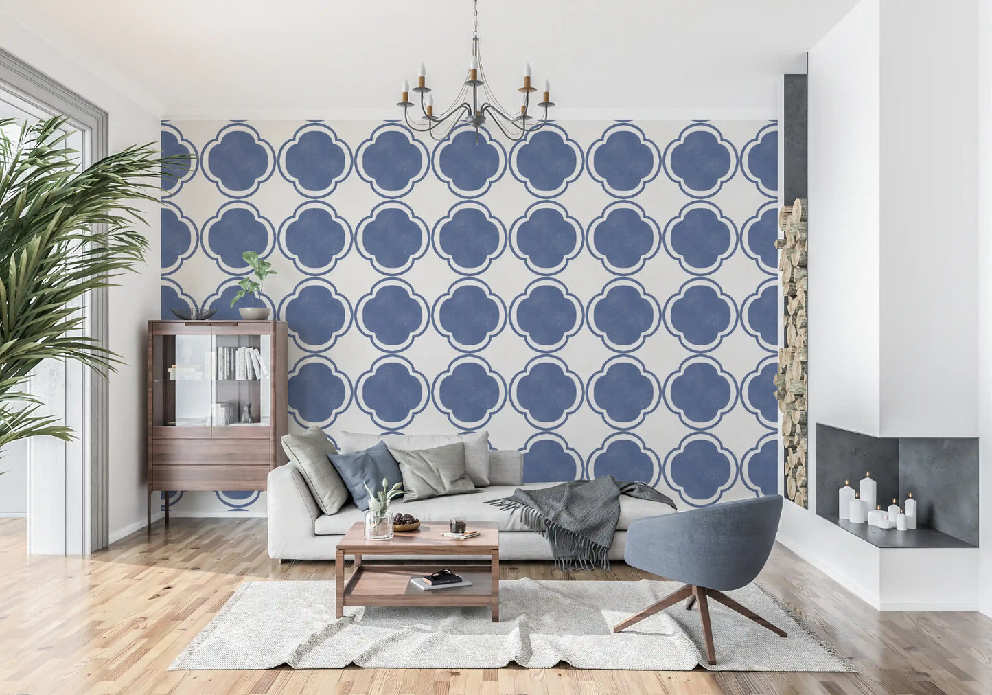 Mediterranean geometric blue wallpaper fitted along living space