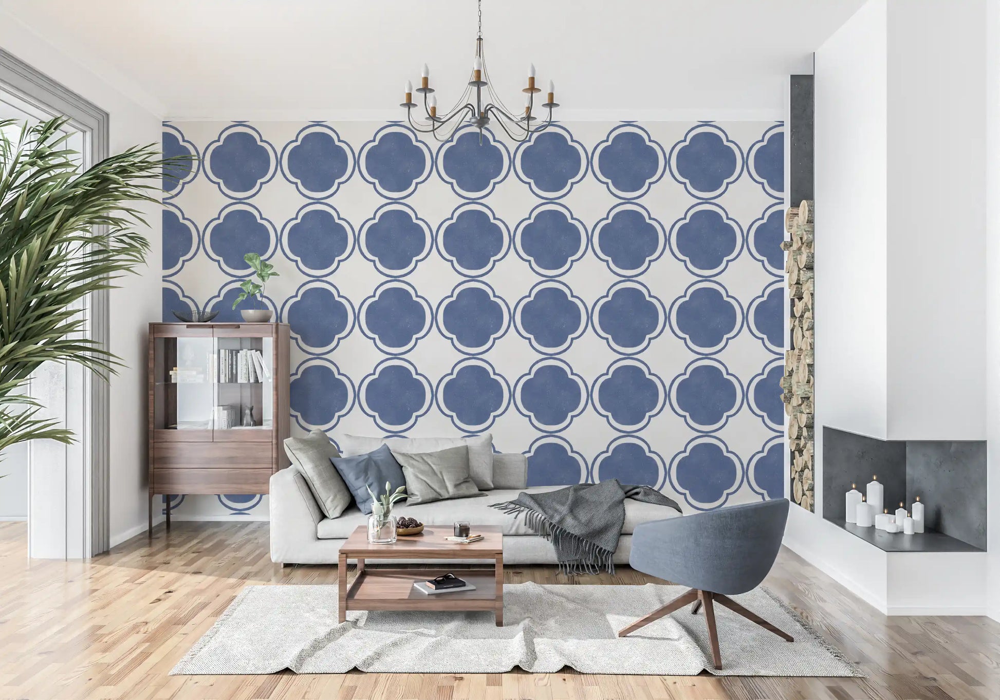 Mediterranean geometric blue wallpaper fitted along living space
