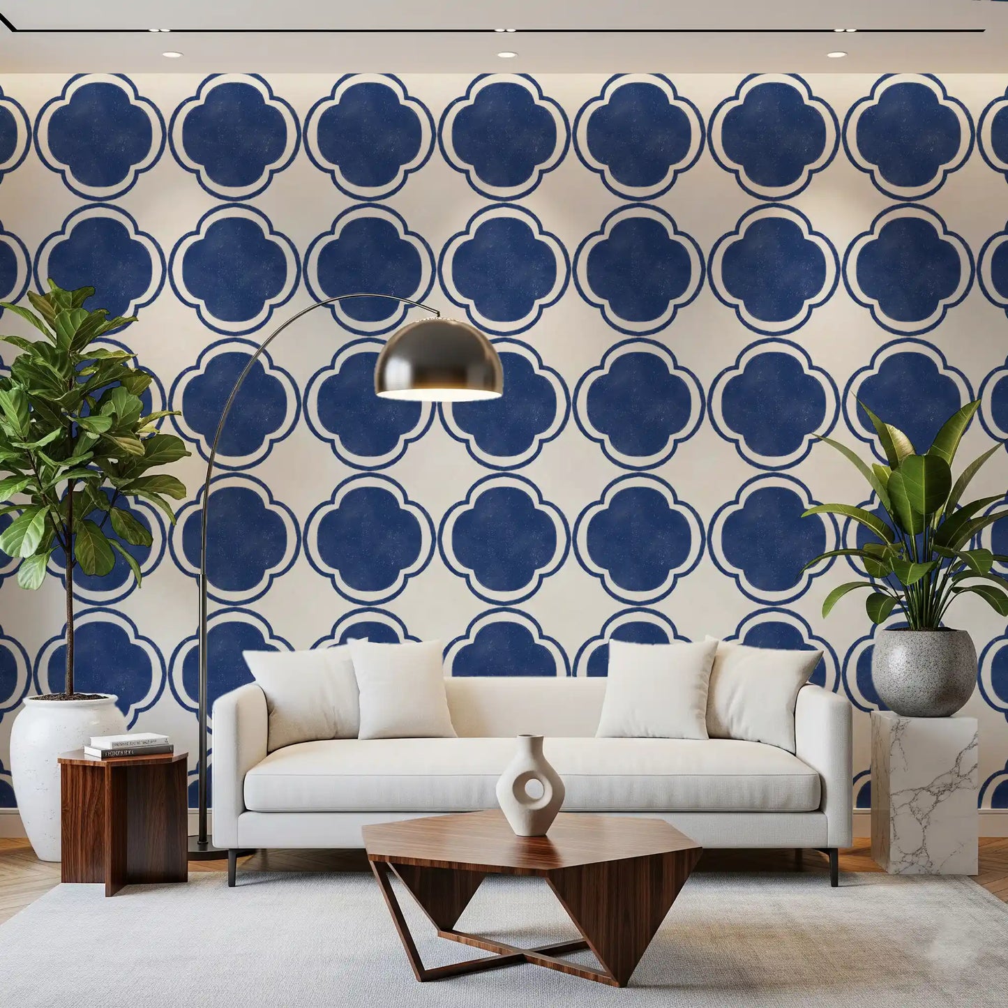 Classic quatrefoil blue wallpaper installed in hallway accent section