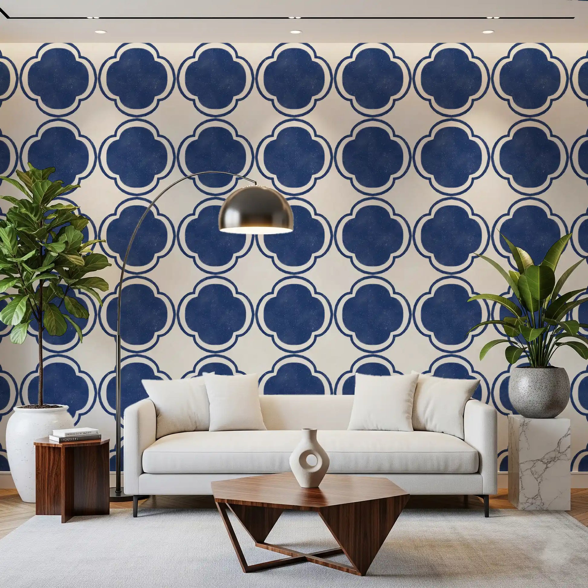 Classic quatrefoil blue wallpaper installed in hallway accent section