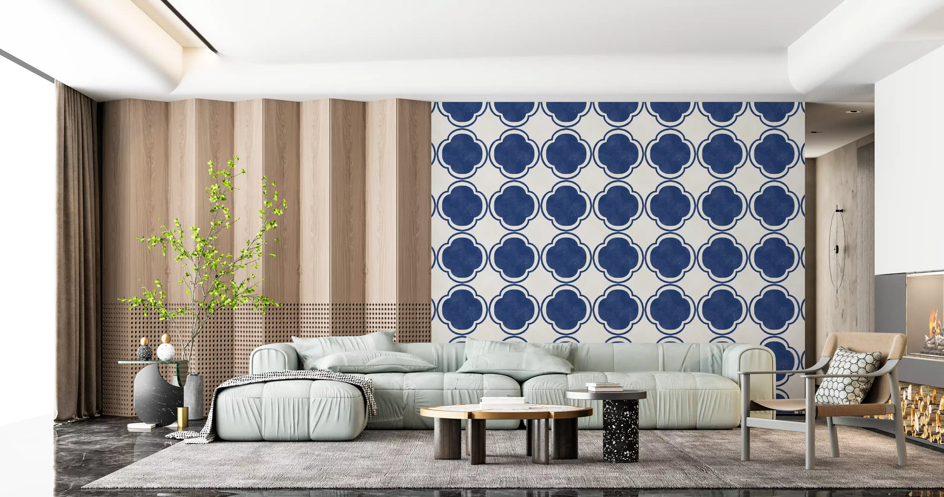 Quatrefoil pattern blue wallpaper placed in elegant Hallway  background