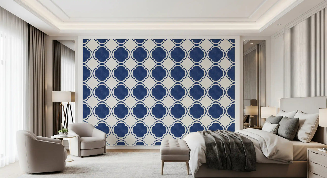 Mediterranean blue wallpaper used in bedroom accent background