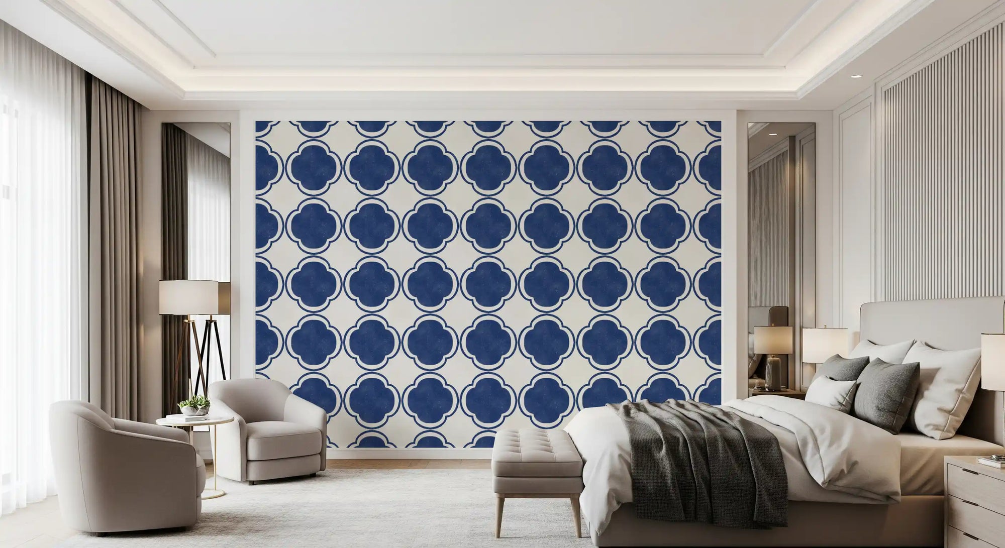 Mediterranean blue wallpaper used in bedroom accent background