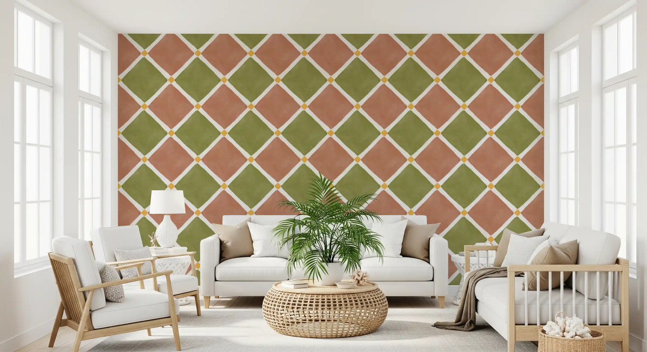 Mediterranean Rustic Checkerboard Aged Decoration - Terracotta - Olive Wallpaper⁠