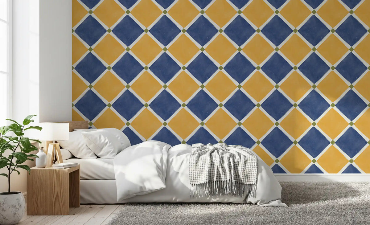 Rustic yellow blue wallpaper applied in contemporary bedroom setting