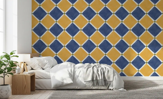 Rustic yellow blue wallpaper applied in contemporary bedroom setting