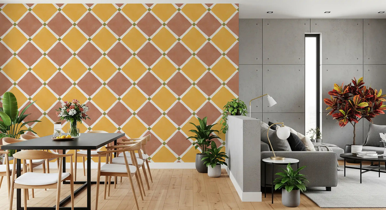 Mediterranean Rustic Checkerboard Aged Decoration -  Terracotta - Yellow Wallpaper⁠