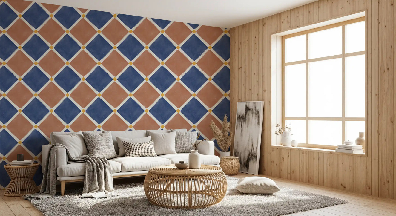 Mediterranean Rustic Checkerboard Aged Decoration - Terracotta - Blue Wallpaper⁠