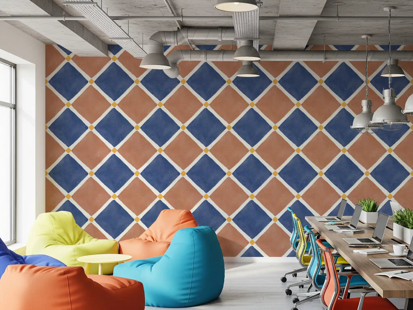 Mediterranean rustic checkerboard wallpaper anchoring a bright, cozy Office.