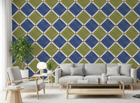 Blue and olive tile wallpaper creating a cozy atmosphere in a Living room.