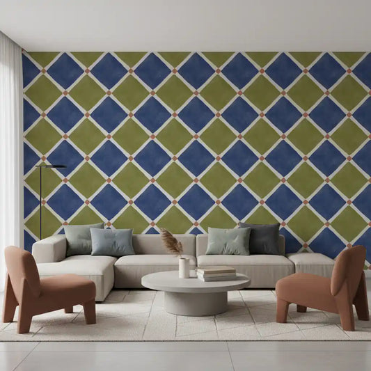 Mediterranean rustic checkerboard wallpaper framing a cozy modern living room setup.