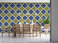Rustic Mediterranean checkerboard wallpaper adding color to a serene Dining space.