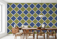 A striking dining room covered in the textured blue olive wallpaper.