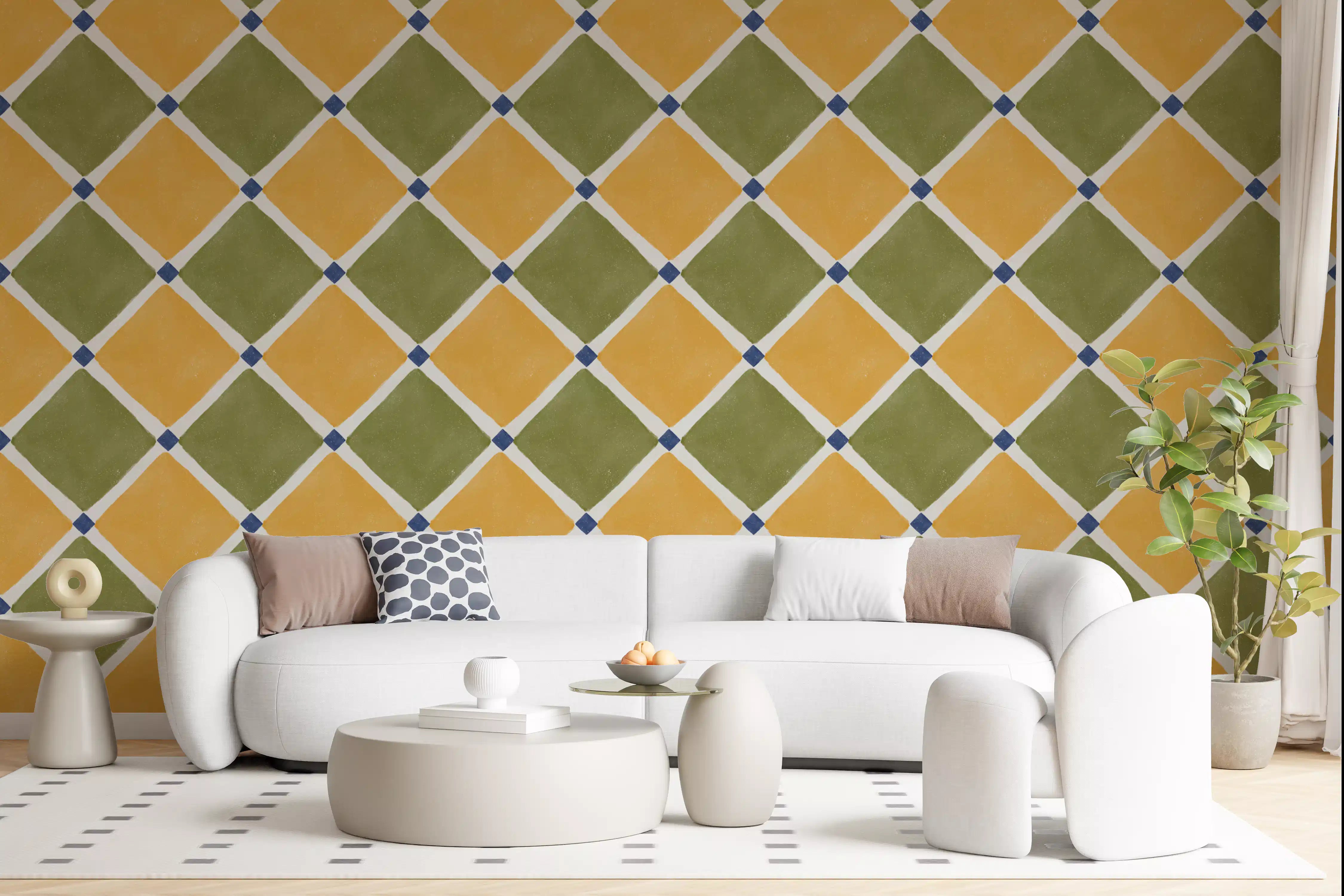 Mediterranean Rustic Checkerboard Wallpaper - Yellow Olive