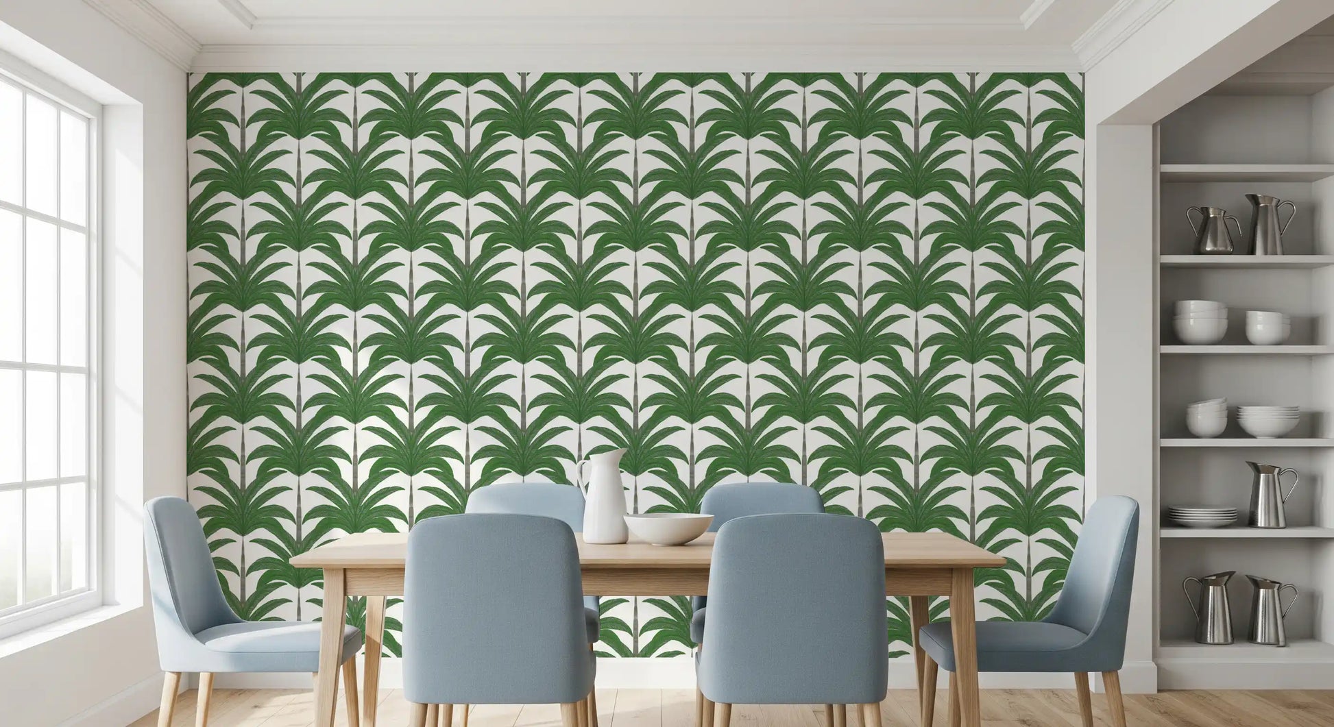 Complete a cozy Dining area with this soothing green botanical wallpaper.