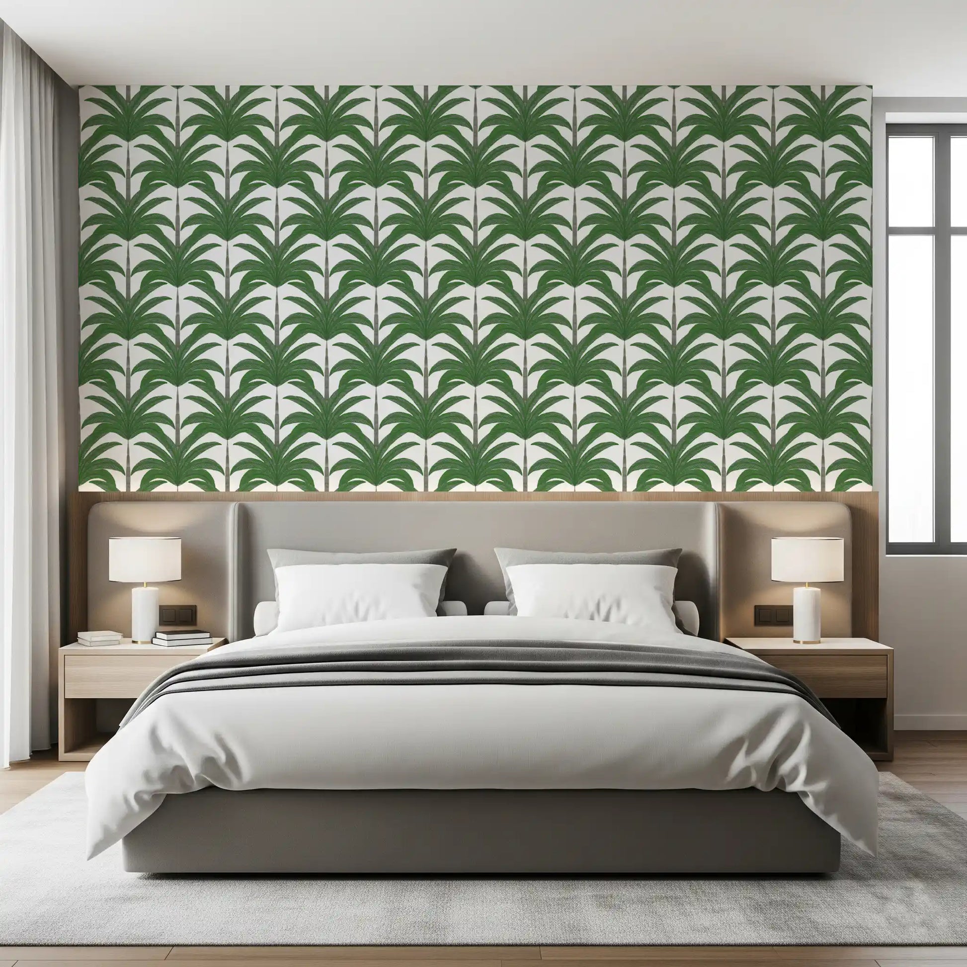 Geometric palm pattern wallpaper bringing natural vibes to a bedroom.