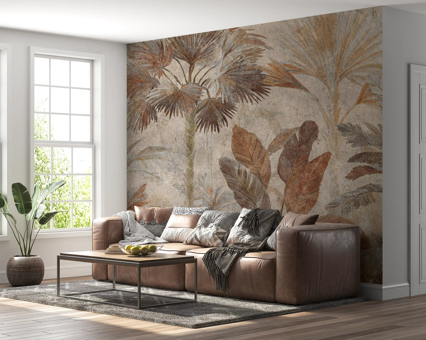 Muted terracotta botanical shapes on a wall mural perfect for a neutral Living area.