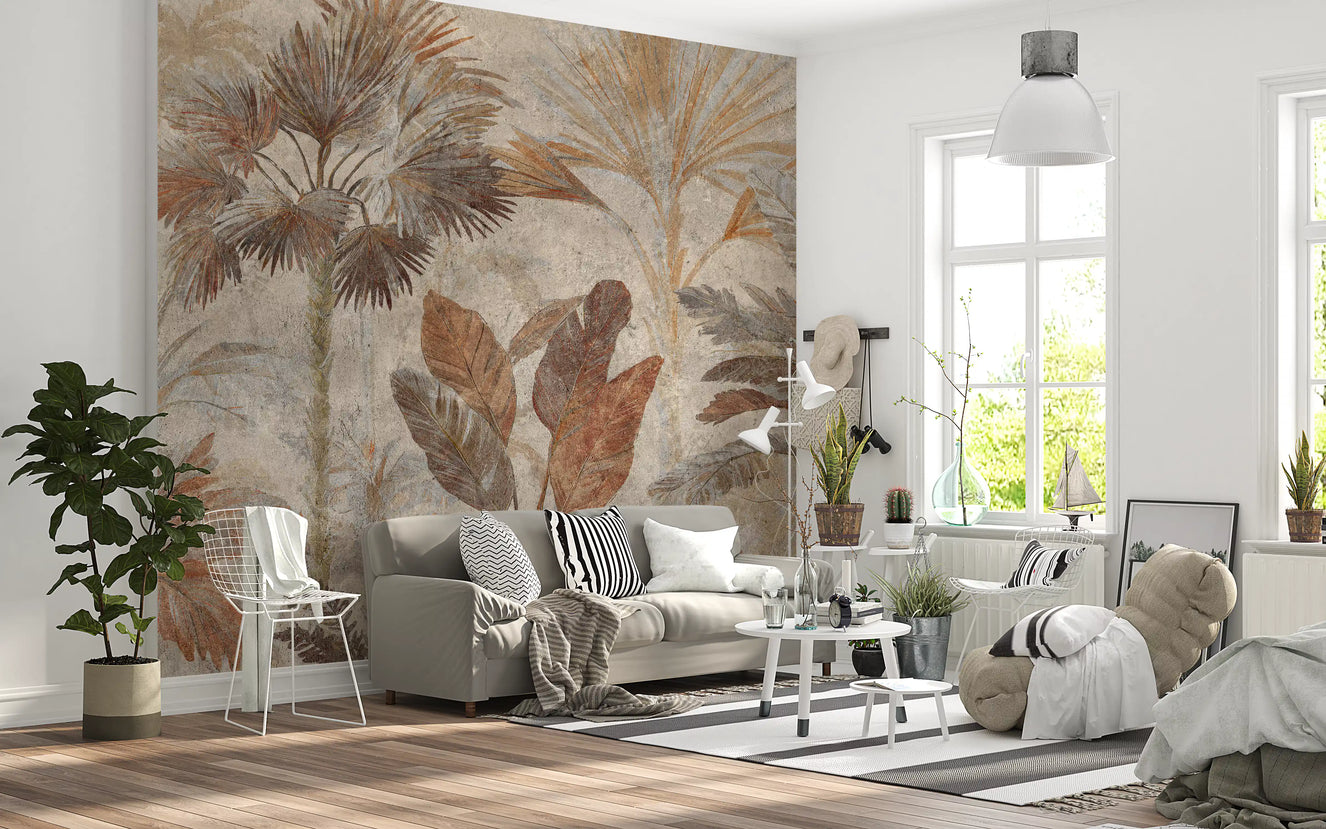 Tropical Palms Terracotta Fresco wall mural creating a warm backdrop in a rustic living room.