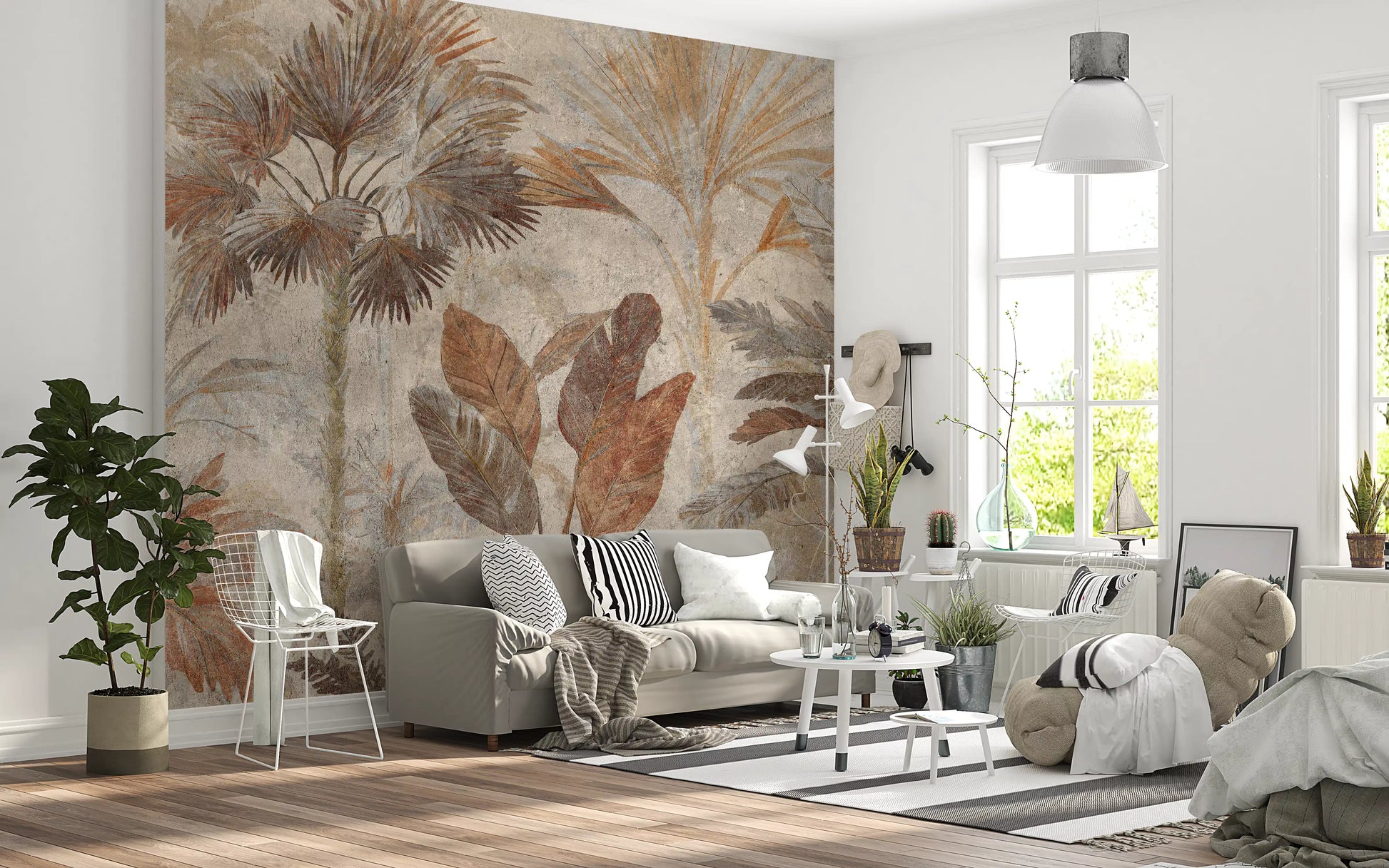 Tropical Palms Terracotta Fresco wall mural creating a warm backdrop in a rustic living room.