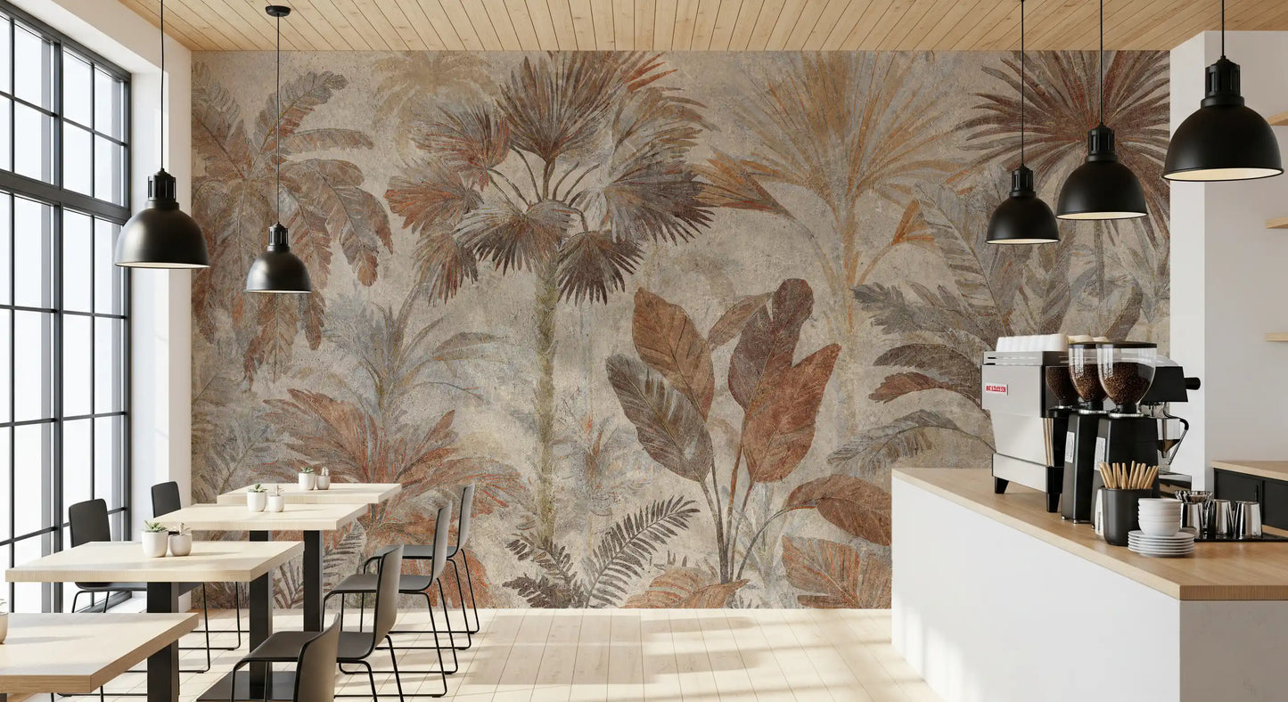 Tropical palms terracotta fresco wall mural completing the aesthetic of a restaurants.
