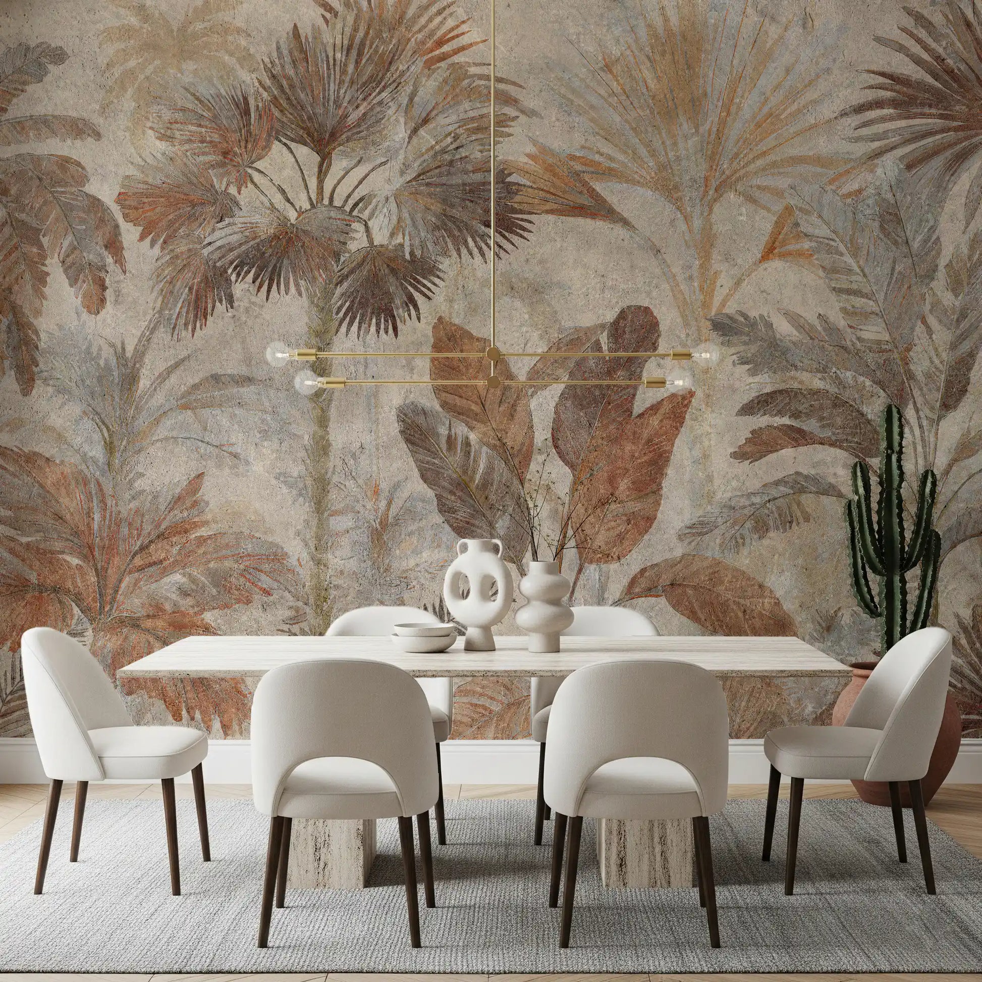 Earthy terracotta wall mural adding a relaxing touch to a bohemian style Dining room .