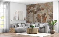 Vintage terracotta palms grow across this tropical fresco wall mural with earthy tones.