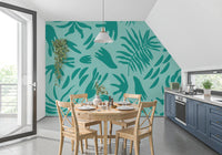 Seaweed inspired botanical flow wall mural in aqua colors.