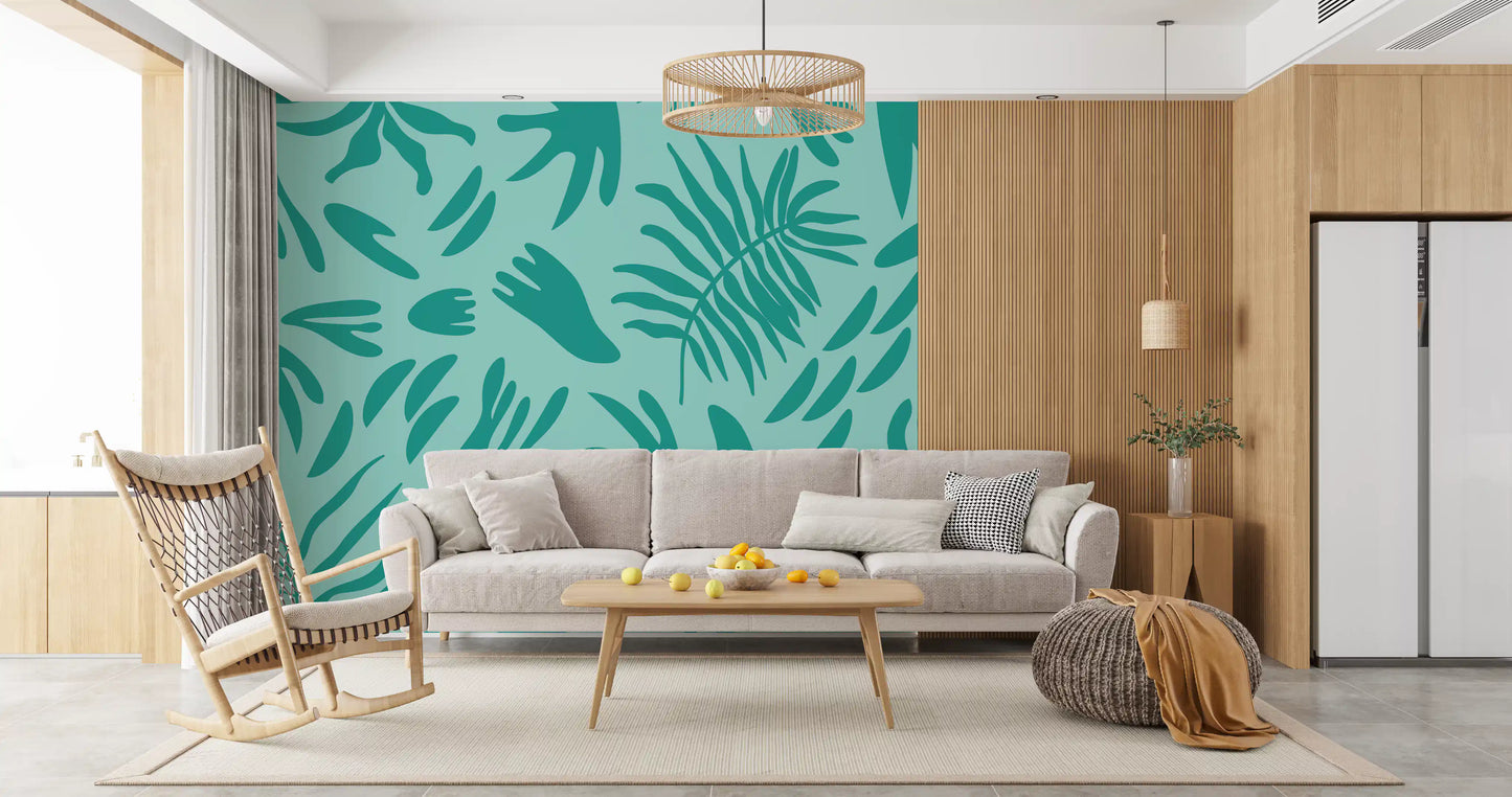 Living room background featuring a modern aqua and teal wall mural.