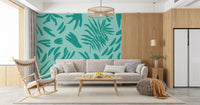 Living room background featuring a modern aqua and teal wall mural.