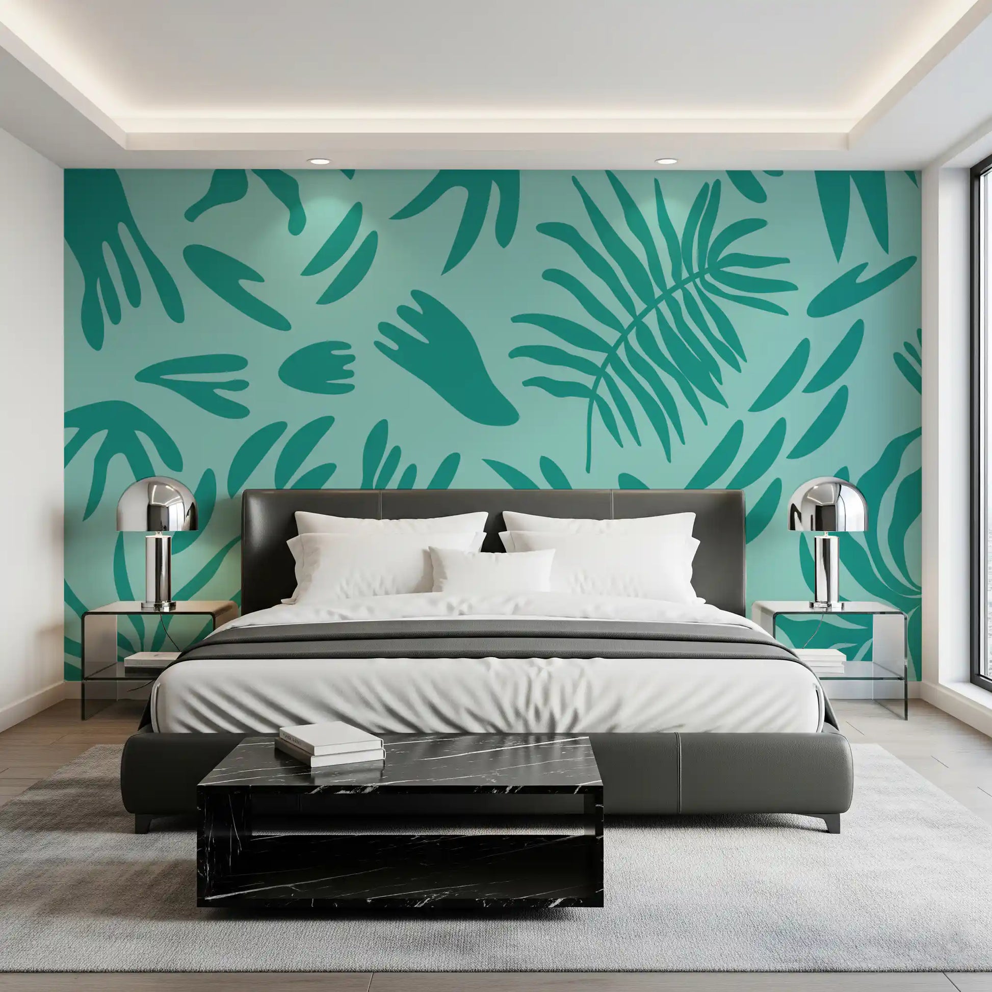 Aqua botanical flow wall mural completing the look of a relaxed Bedroom area.