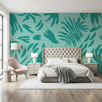 Aqua botanical flow wall mural providing a fresh look for a modern Bedroom.