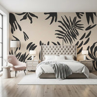 Fern silhouette wall mural adding depth to a modern bedroom backdrop