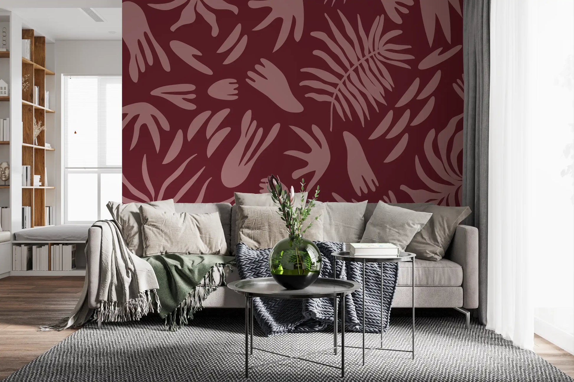 Maroon bloom wall mural featuring abstract botanical silhouettes and depth