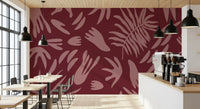 Maroon abstract wall mural with bloom-inspired forms and soft contrast
