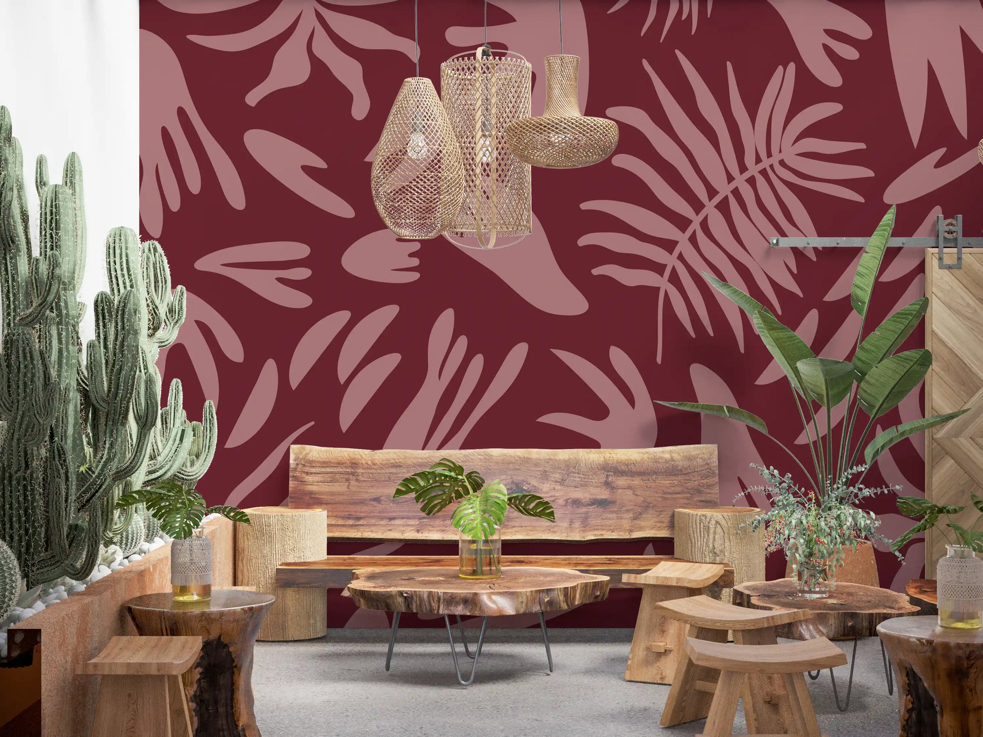 Abstract maroon bloom wall mural with minimal botanical composition