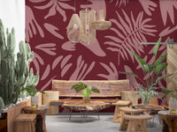 Abstract maroon bloom wall mural with minimal botanical composition