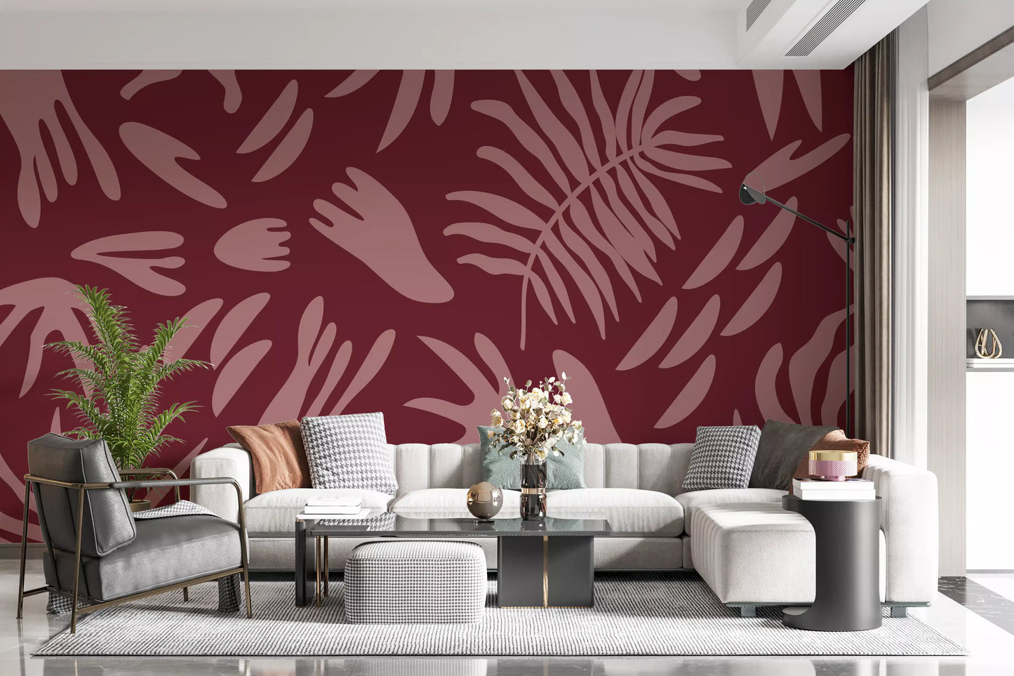 Maroon abstract bloom wall mural in hallway with layered leaf forms