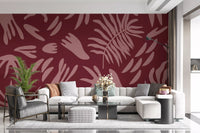 Maroon abstract bloom wall mural in hallway with layered leaf forms