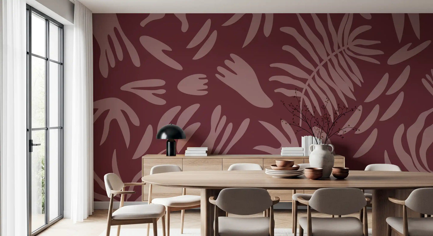 Bloom abstract maroon wall mural in dining room with modern foliage style