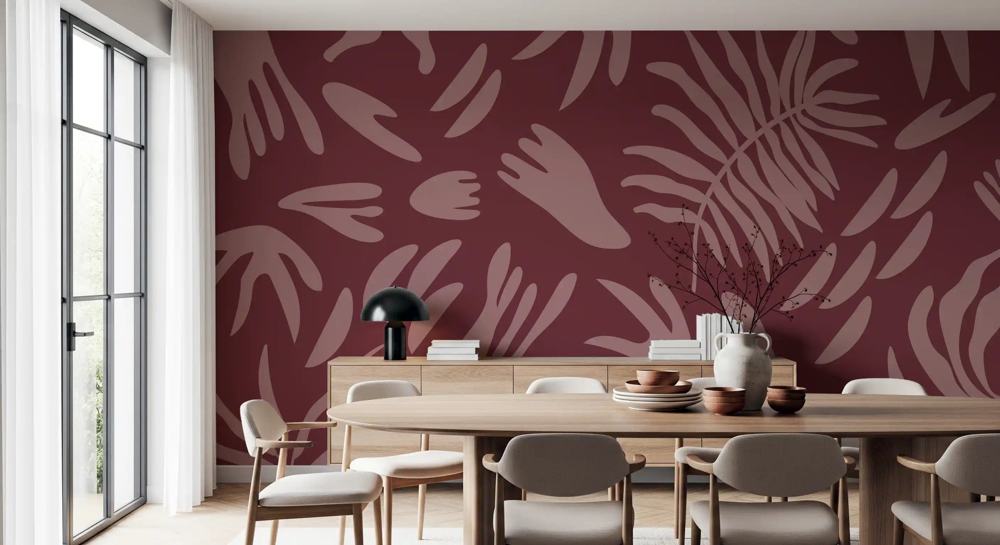 Bloom abstract maroon wall mural in dining room with modern foliage style