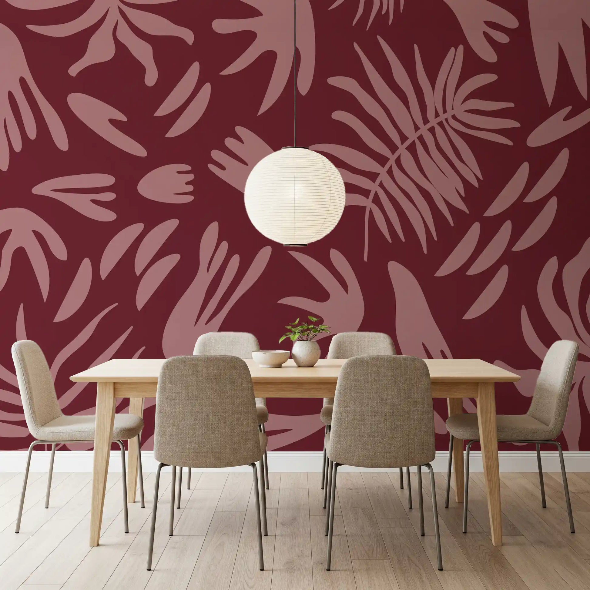 Maroon bloom abstract wall mural with stylized leaves and modern pattern