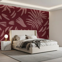 Abstract maroon bloom wall mural in bedroom with soft floral pattern