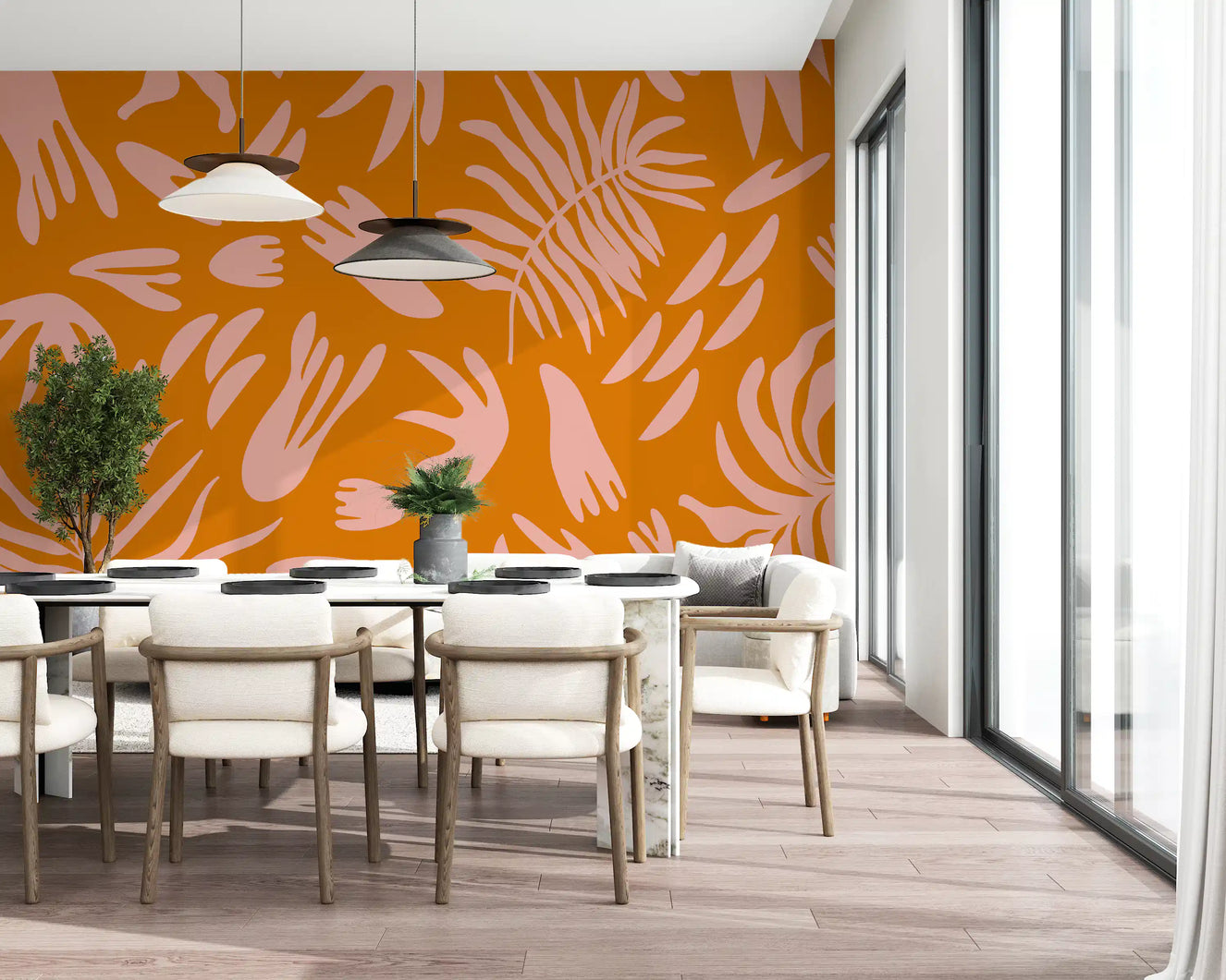 Abstract tropical wall mural with orange background and soft leaf forms