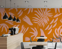 Contemporary tropic Bloom wall mural with orange and blush tones